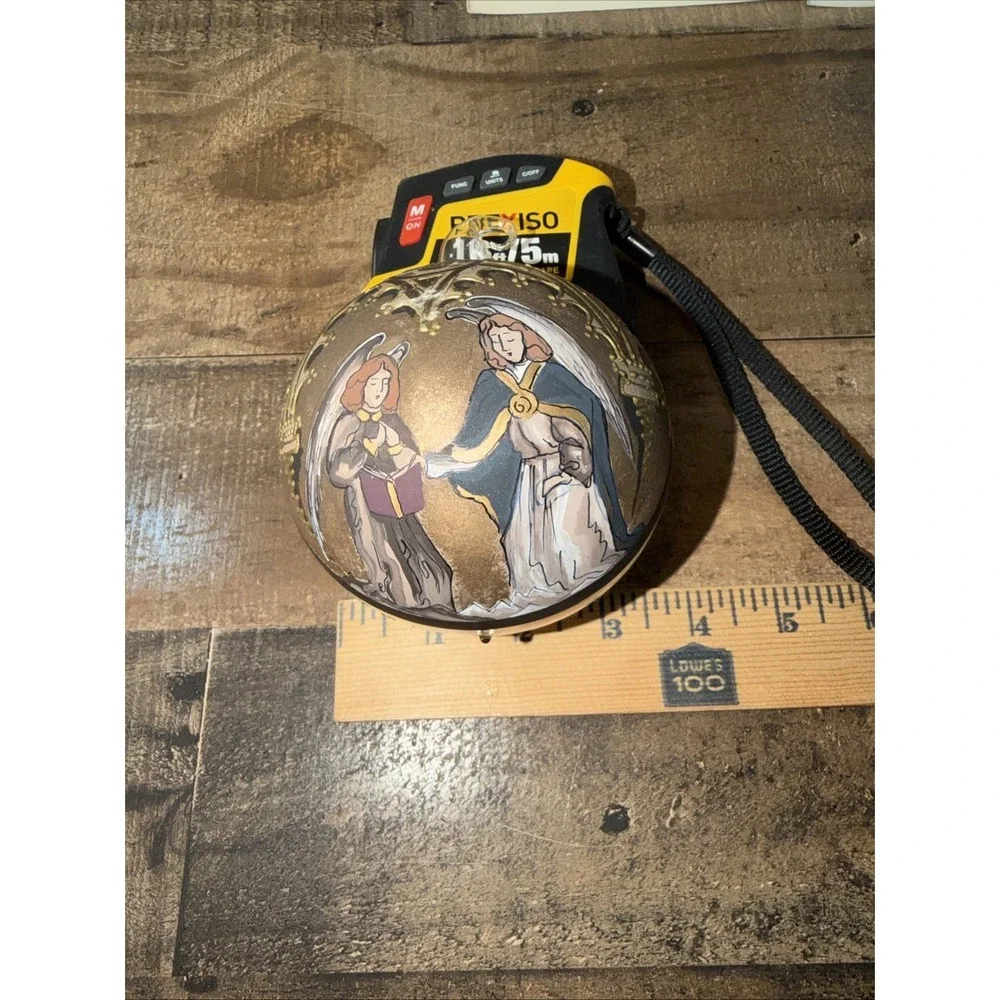 Vtg Hand Painted Inside Glass Christmas Ornament Angels Gold Trim Blown 3